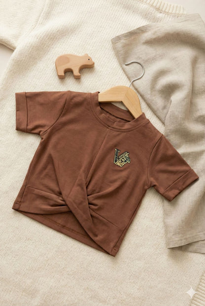 Earthy Brown Twisted Front Cotton Top with Chest Patch