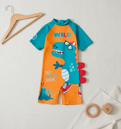 Orange Wild Dino Kids Swimwear Jumpsuit with 3D Tail Appliqué