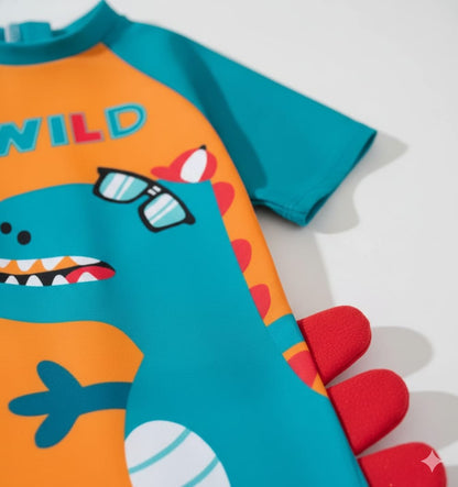 Orange Wild Dino Kids Swimwear Jumpsuit with 3D Tail Appliqué