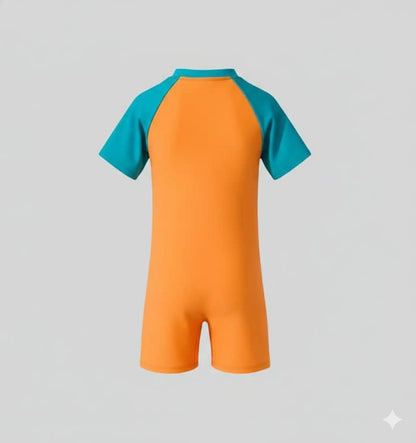 Orange Wild Dino Kids Swimwear Jumpsuit with 3D Tail Appliqué