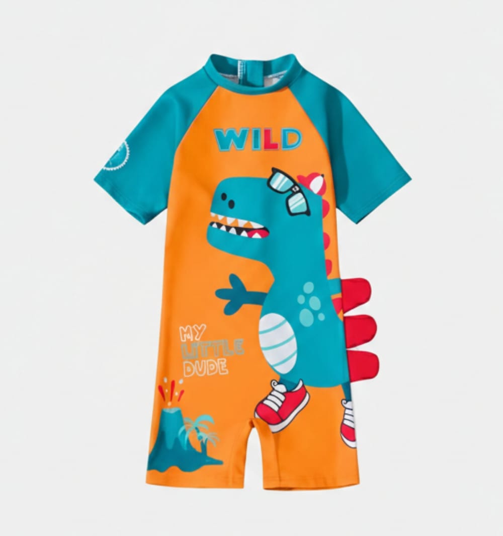 Orange Wild Dino Kids Swimwear Jumpsuit with 3D Tail Appliqué