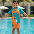 Orange Wild Dino Kids Swimwear Jumpsuit with 3D Tail Appliqué