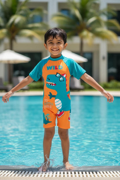 Orange Wild Dino Kids Swimwear Jumpsuit with 3D Tail Appliqué
