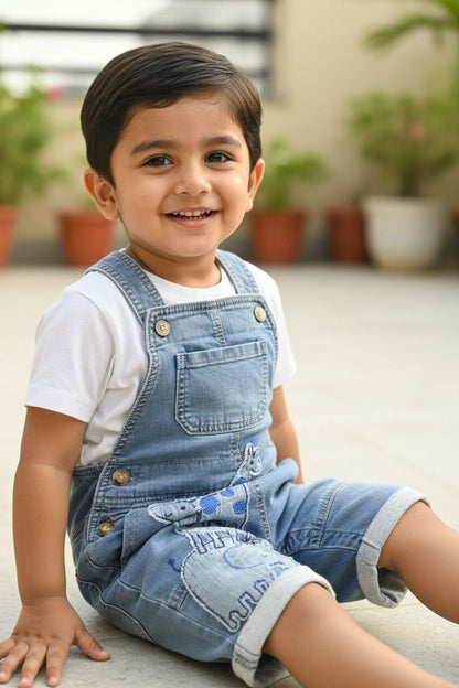 Blue Denim Dungaree with Animal Patch Embroidery