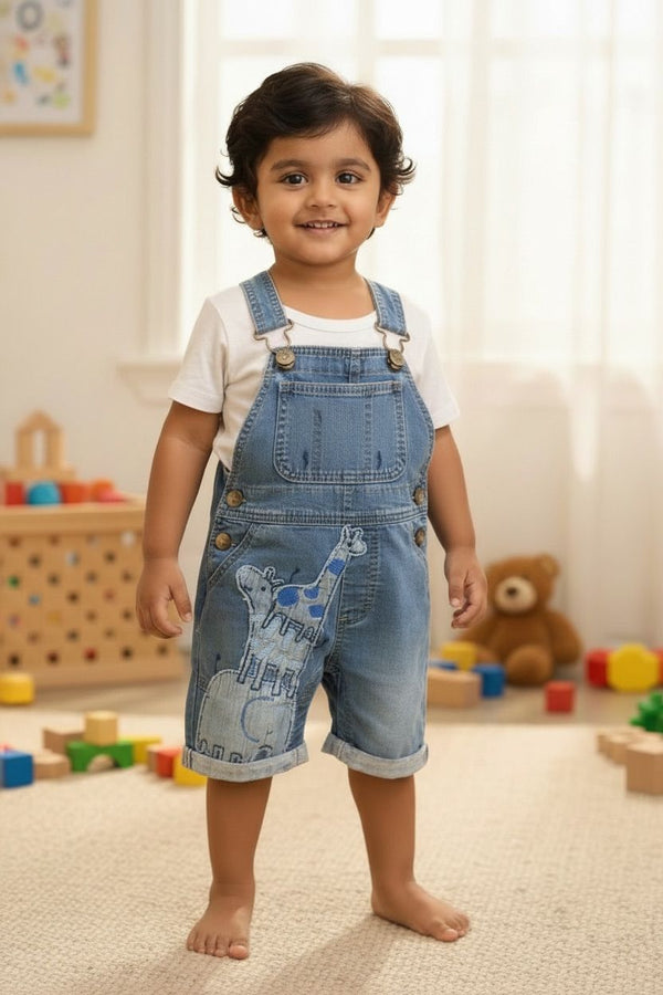 Blue Denim Dungaree with Animal Patch Embroidery