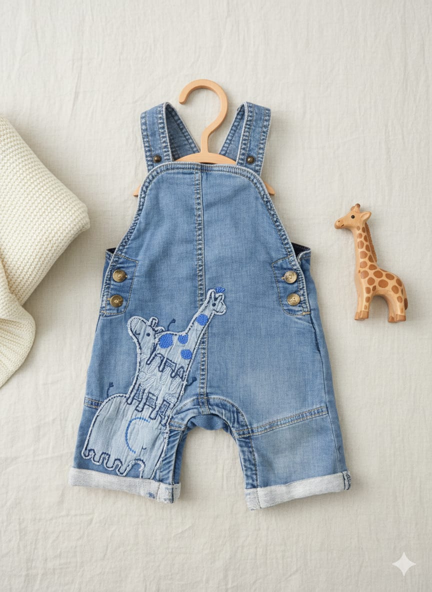 Blue Denim Dungaree with Animal Patch Embroidery