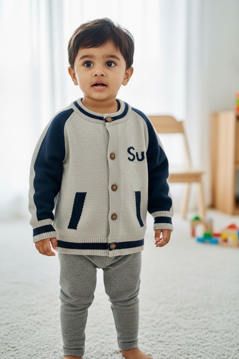 Grey Varsity Style Knit Kids Sweater Jacket