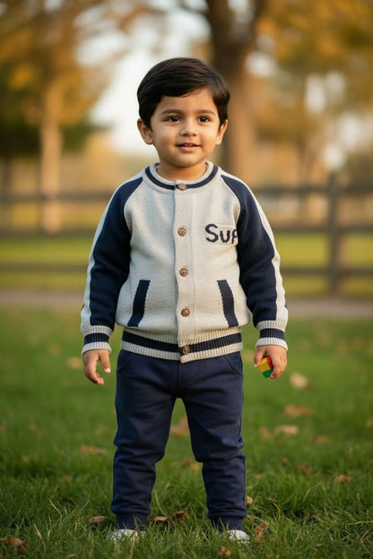 Grey Varsity Style Knit Kids Sweater Jacket