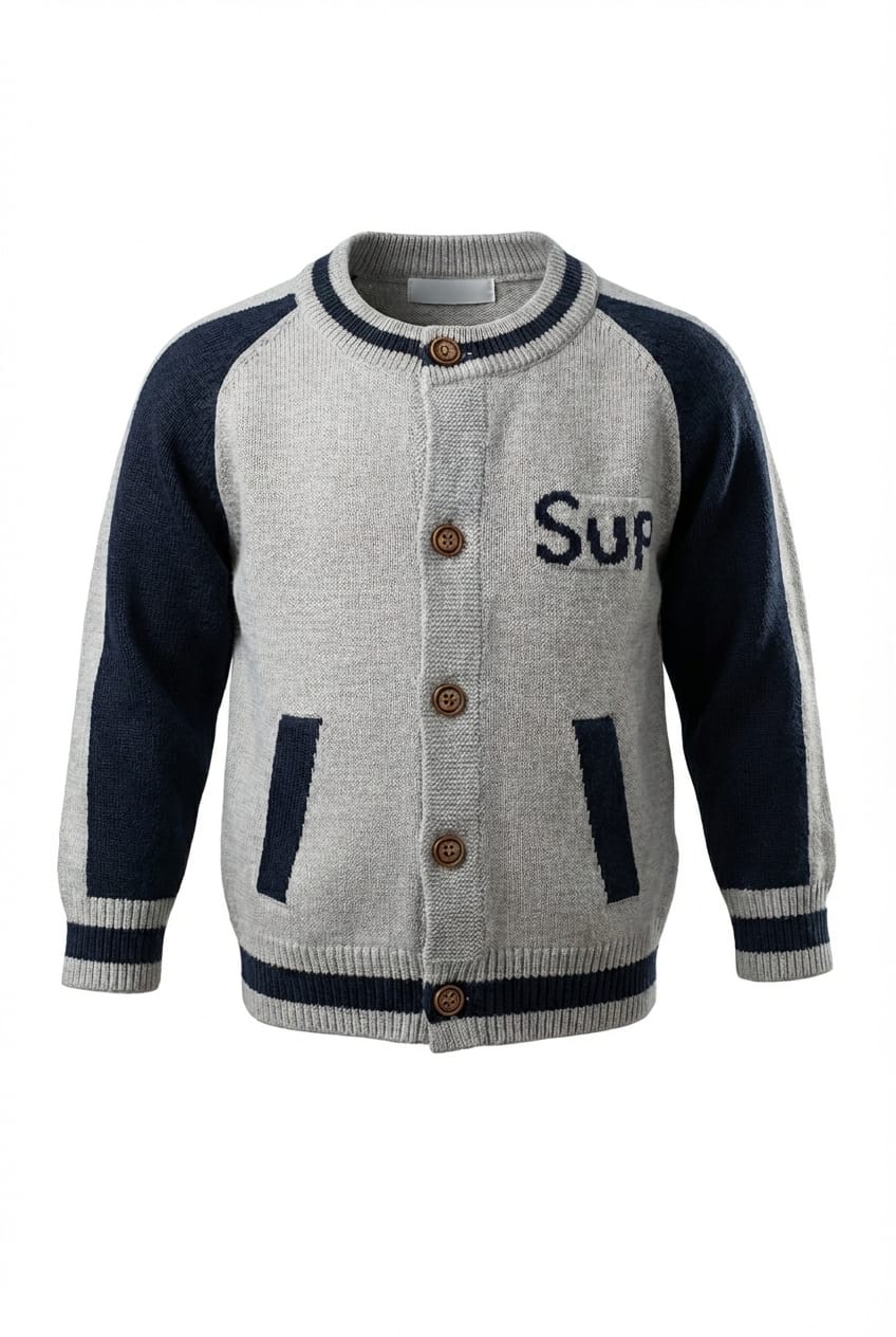 Grey Varsity Style Knit Kids Sweater Jacket