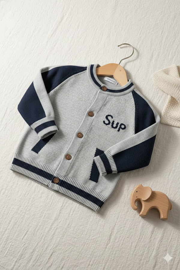 Grey Varsity Style Knit Kids Sweater Jacket