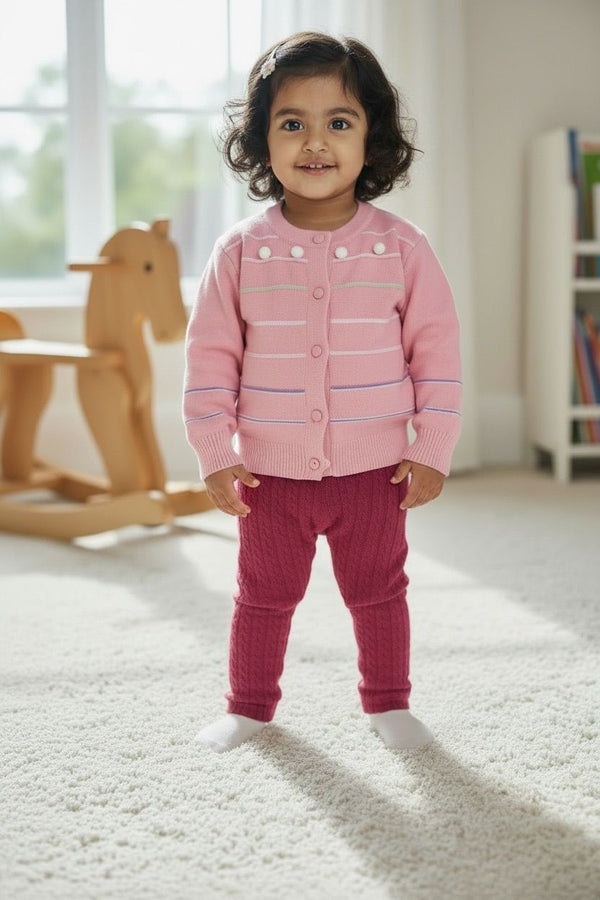 Pastel Pink Knit Button Sweater with Pom Detailing