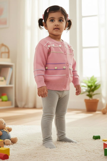 Pastel Pink Knit Button Sweater with Pom Detailing