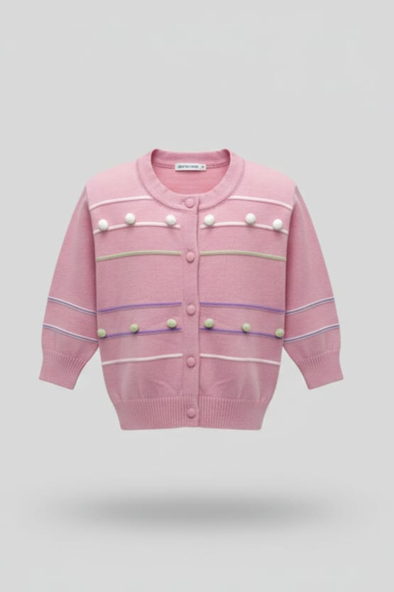 Pastel Pink Knit Button Sweater with Pom Detailing