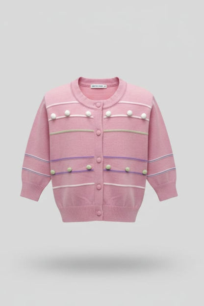 Pastel Pink Knit Button Sweater with Pom Detailing