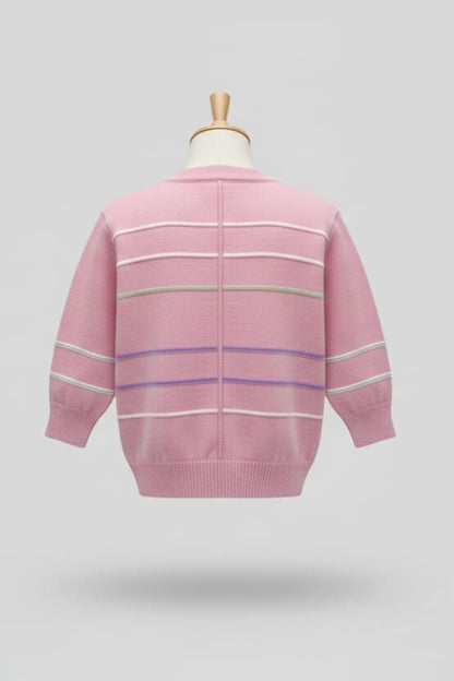 Pastel Pink Knit Button Sweater with Pom Detailing
