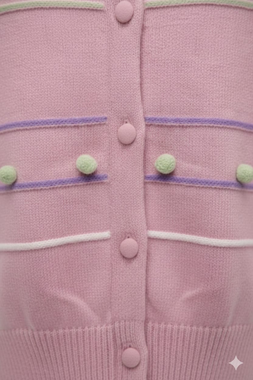 Pastel Pink Knit Button Sweater with Pom Detailing