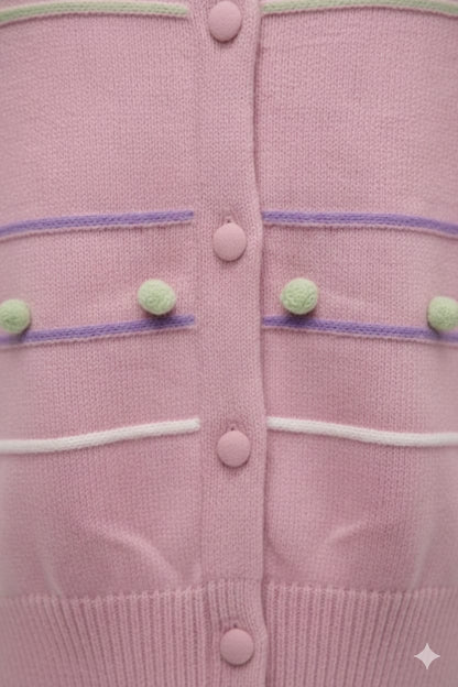 Pastel Pink Knit Button Sweater with Pom Detailing