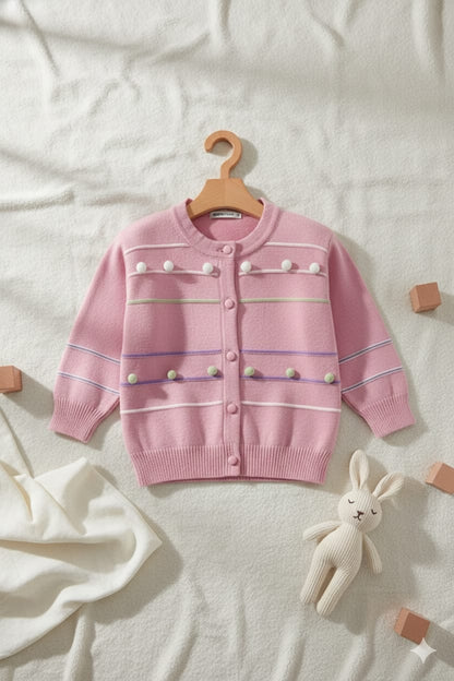 Pastel Pink Knit Button Sweater with Pom Detailing