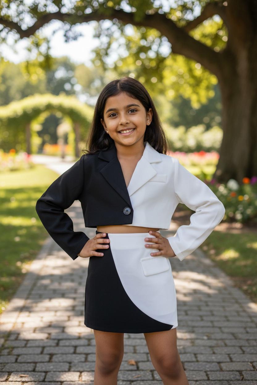 Black & White Blazer & Skirt Party Co-Ord Set for Girls