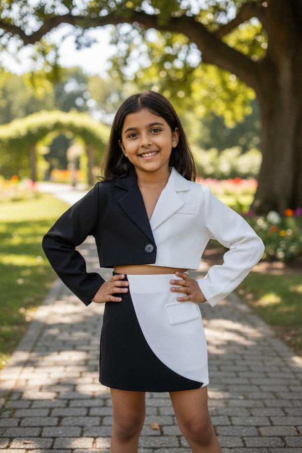 Black & White Blazer & Skirt Party Co-Ord Set for Girls
