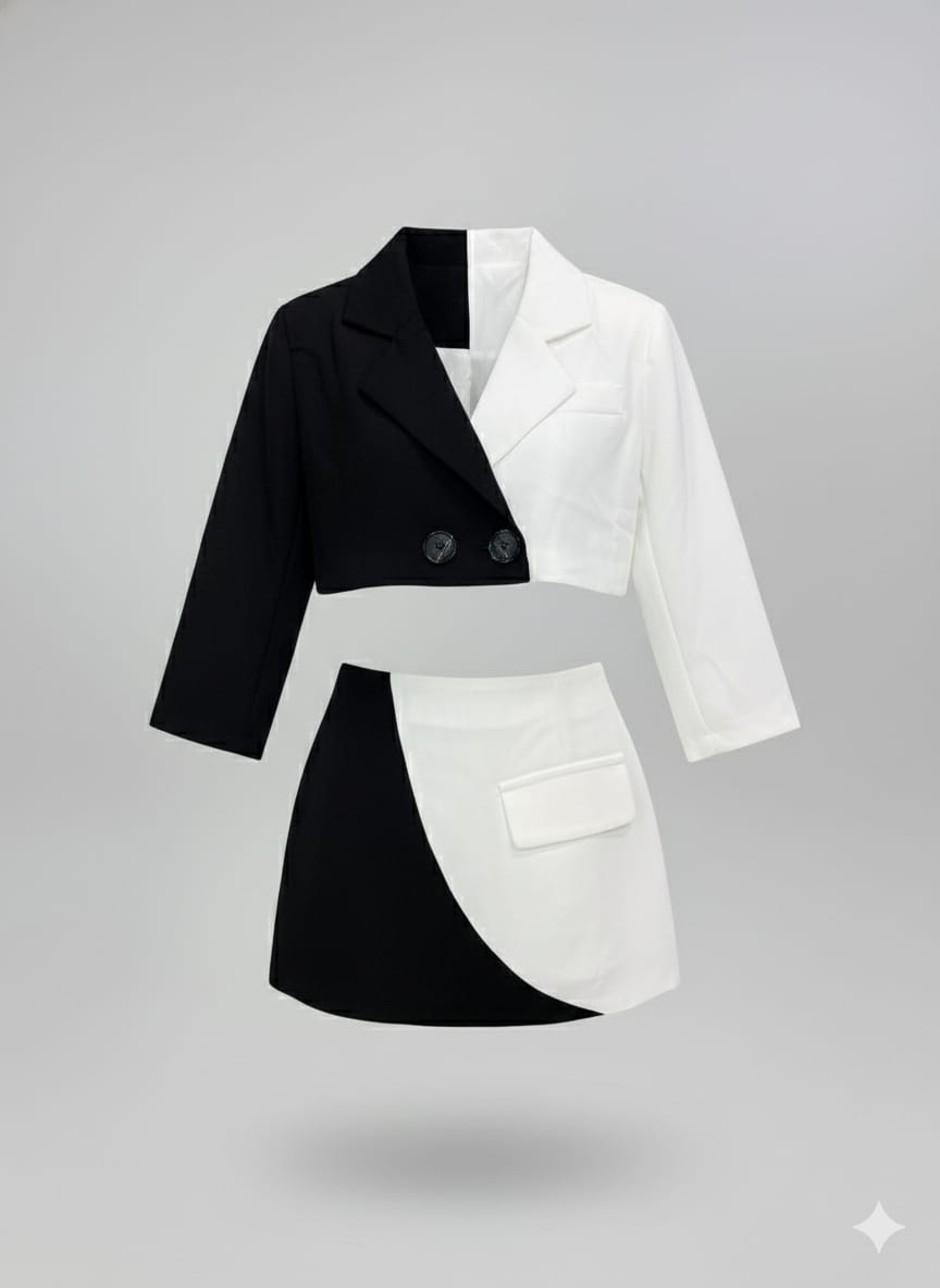Black & White Blazer & Skirt Party Co-Ord Set for Girls