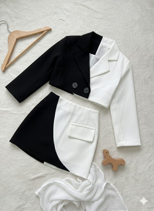Black & White Blazer & Skirt Party Co-Ord Set for Girls