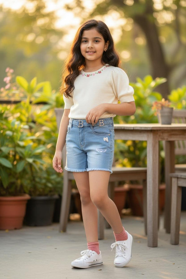 Light Blue Graphic Denim Shorts with Belt – Frayed Hem Summer Shorts