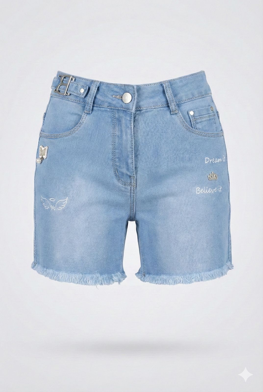 Light Blue Graphic Denim Shorts with Belt – Frayed Hem Summer Shorts
