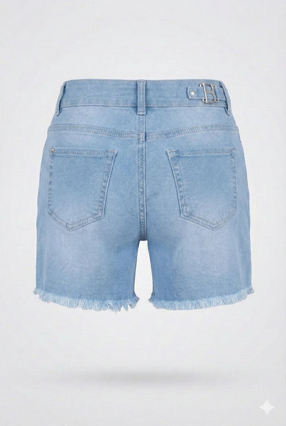 Light Blue Graphic Denim Shorts with Belt – Frayed Hem Summer Shorts