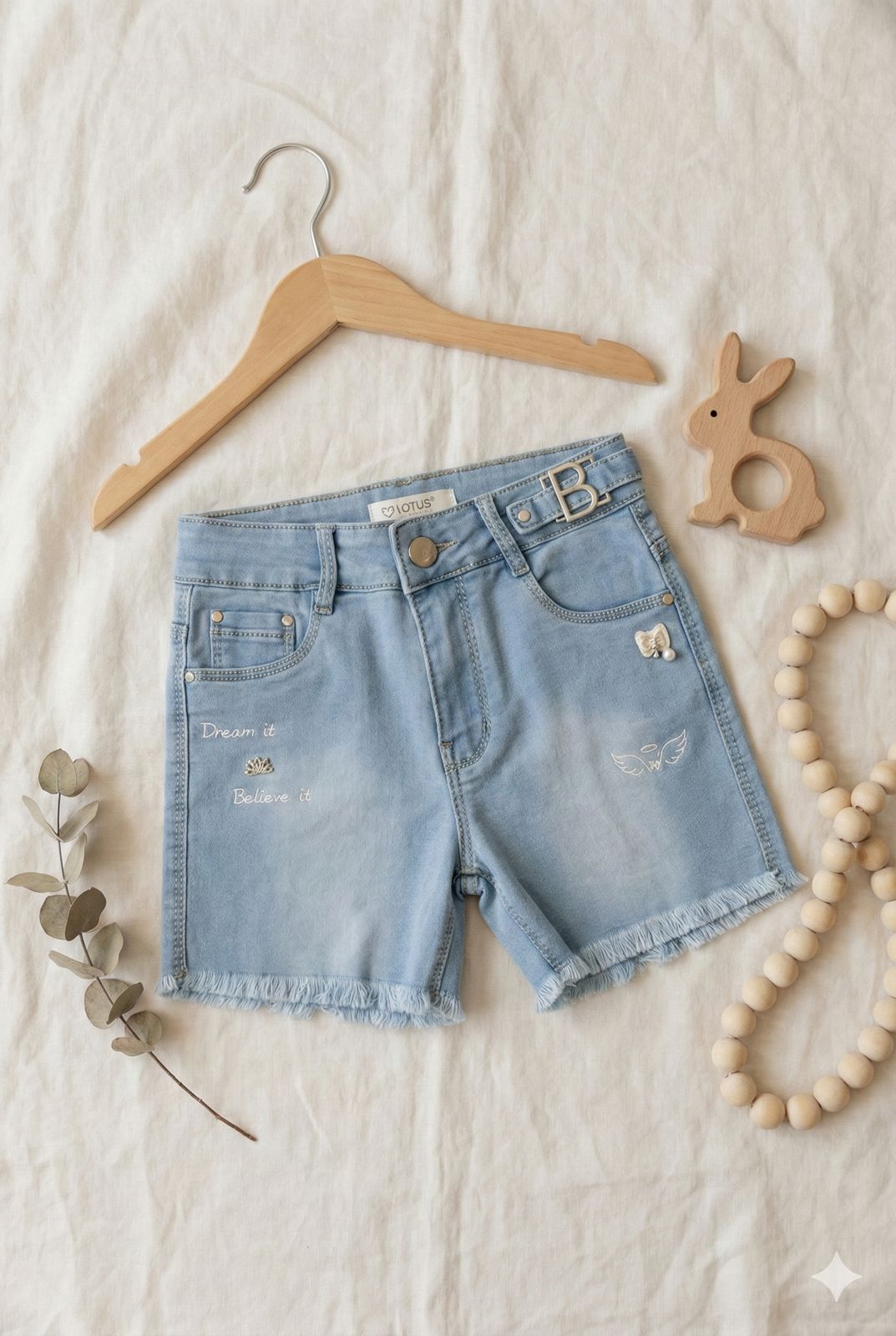Light Blue Graphic Denim Shorts with Belt – Frayed Hem Summer Shorts