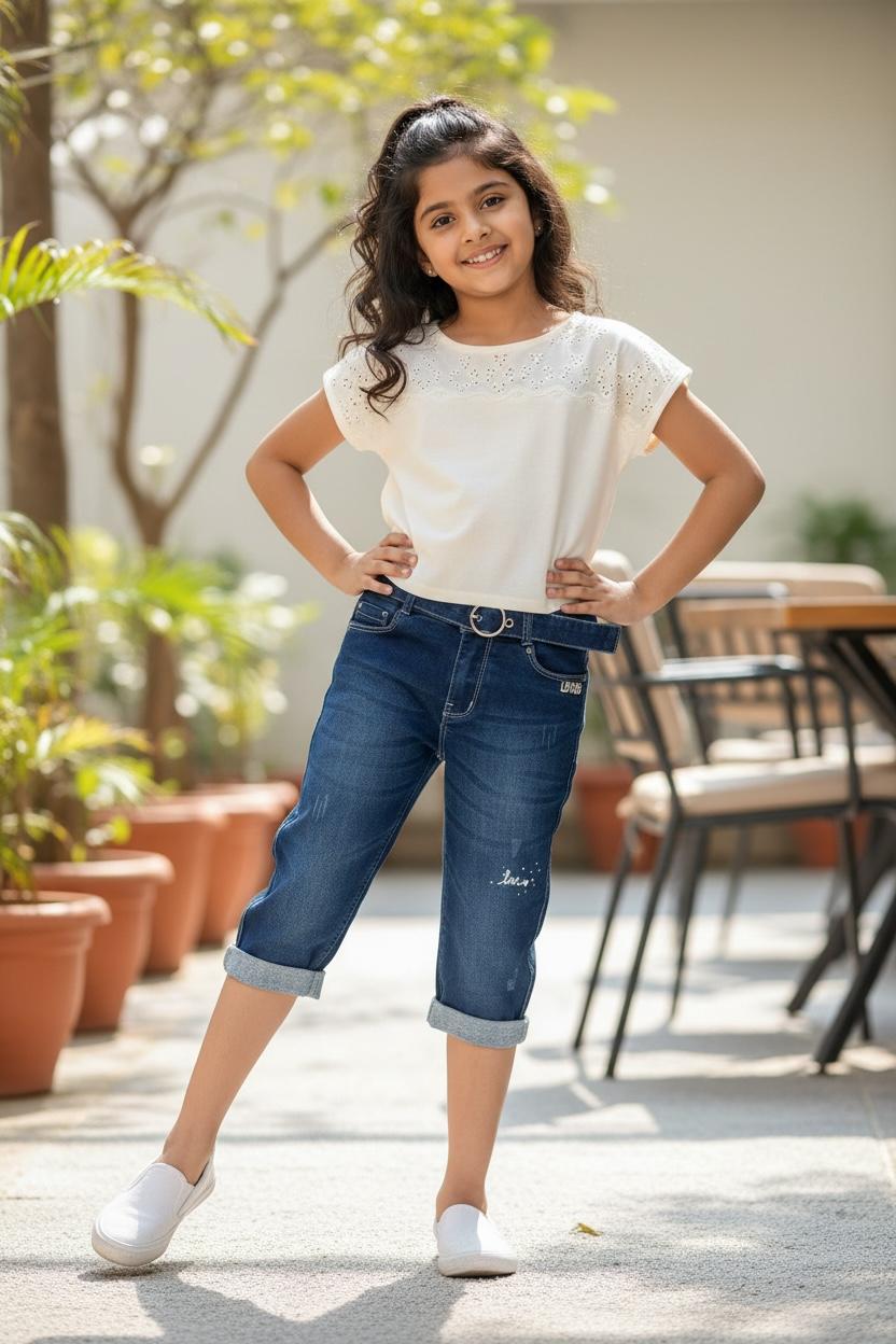 Dark Blue Denim Bermuda Shorts with Belt – Knee Length Stretch Denim