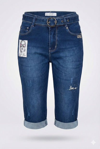 Dark Blue Denim Bermuda Shorts with Belt – Knee Length Stretch Denim