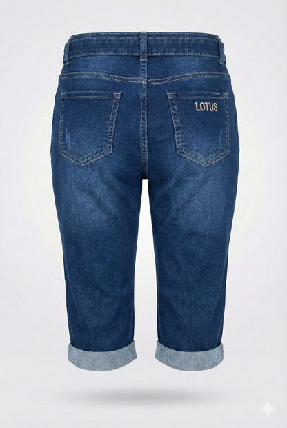 Dark Blue Denim Bermuda Shorts with Belt – Knee Length Stretch Denim