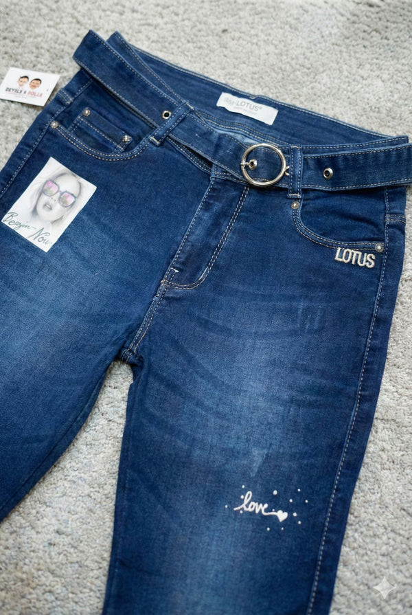 Dark Blue Denim Bermuda Shorts with Belt – Knee Length Stretch Denim