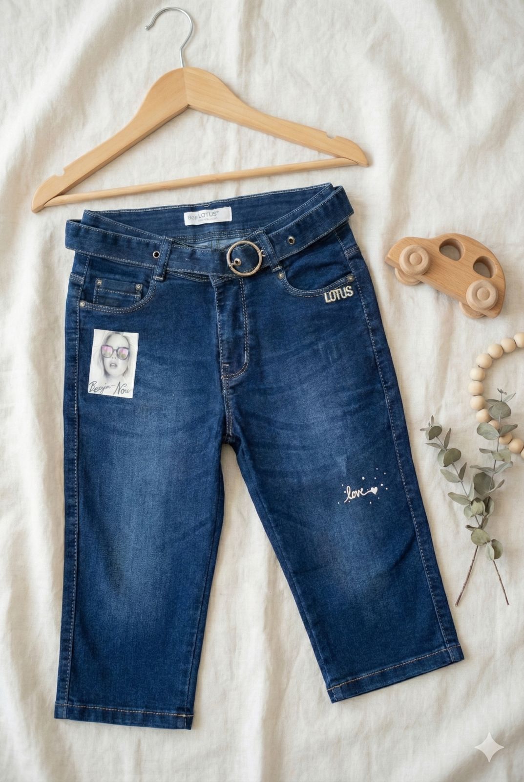 Dark Blue Denim Bermuda Shorts with Belt – Knee Length Stretch Denim