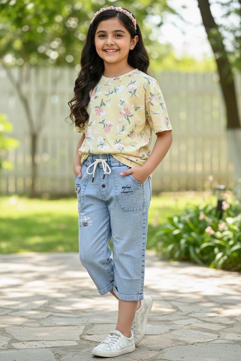 Soft Light Blue Denim Capri Pants with Elastic Drawstring Waist – Relaxed Comfort Fit