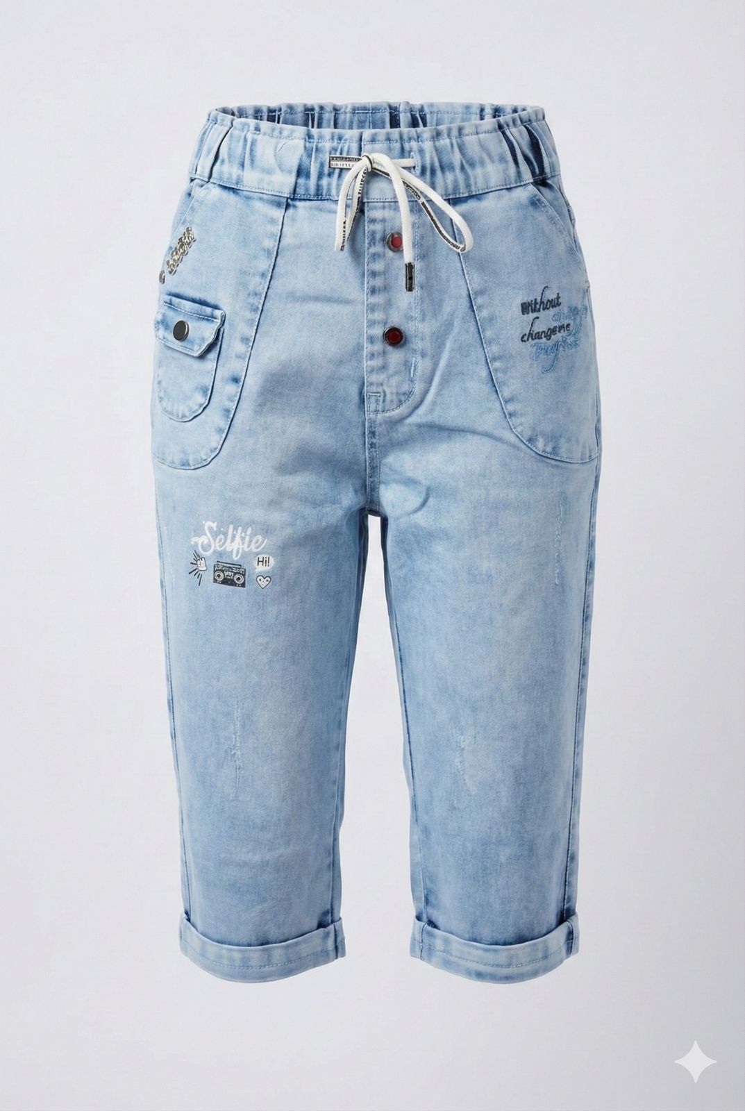 Soft Light Blue Denim Capri Pants with Elastic Drawstring Waist – Relaxed Comfort Fit