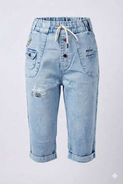 Soft Light Blue Denim Capri Pants with Elastic Drawstring Waist – Relaxed Comfort Fit