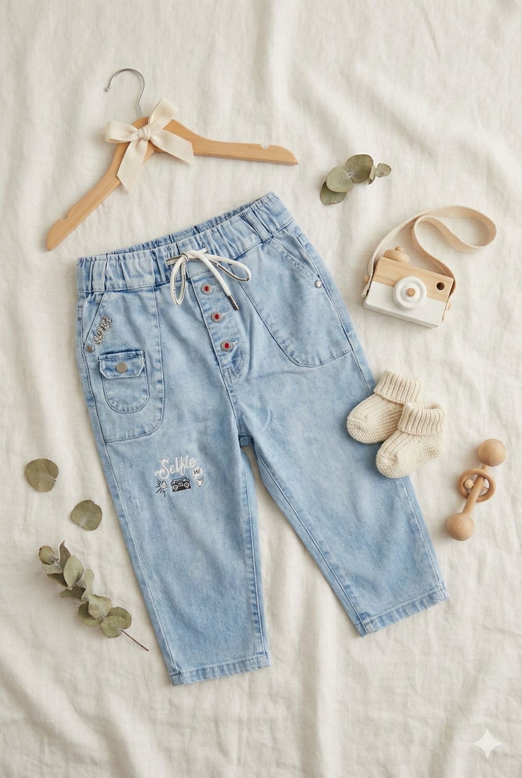 Soft Light Blue Denim Capri Pants with Elastic Drawstring Waist – Relaxed Comfort Fit