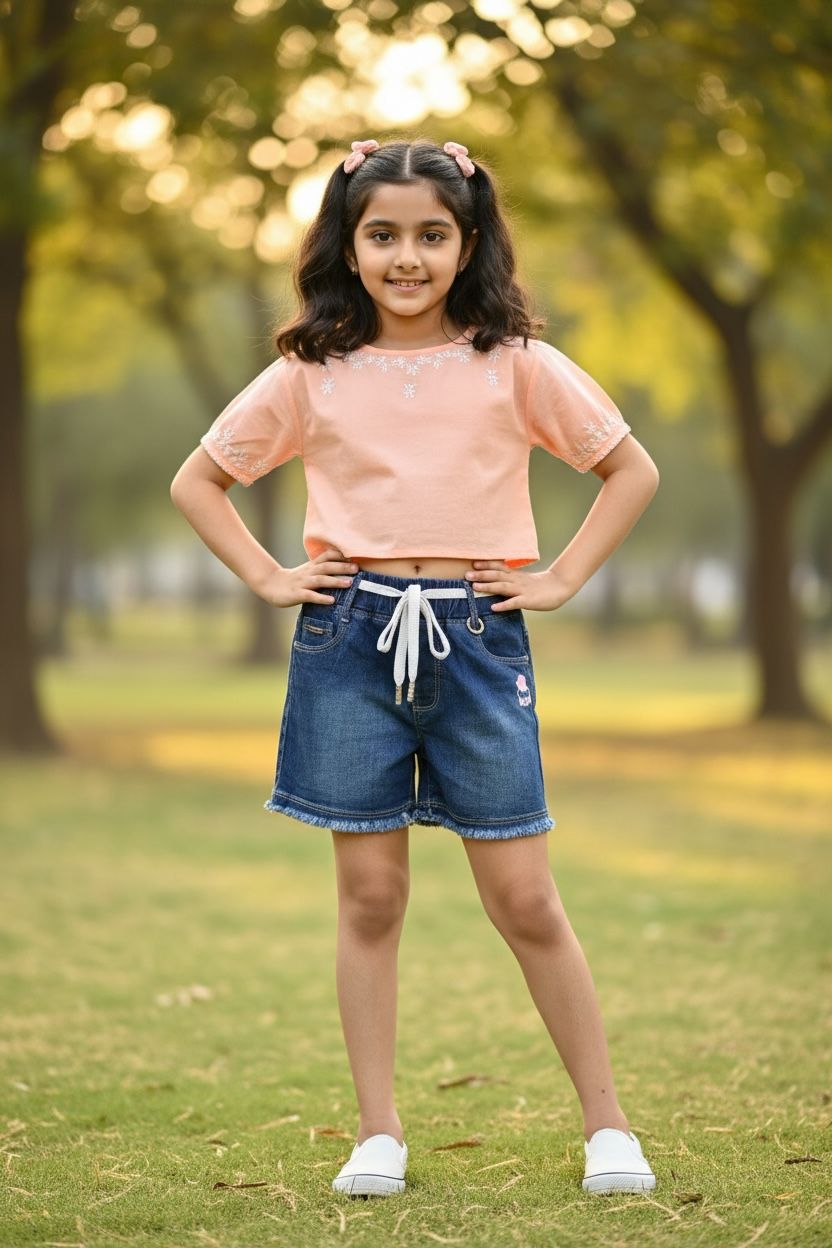 Dark Blue Soft Denim Elastic Waist Shorts with Drawstring – Frayed Hem Casual Shorts