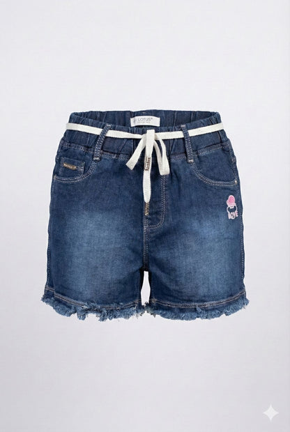 Dark Blue Soft Denim Elastic Waist Shorts with Drawstring – Frayed Hem Casual Shorts