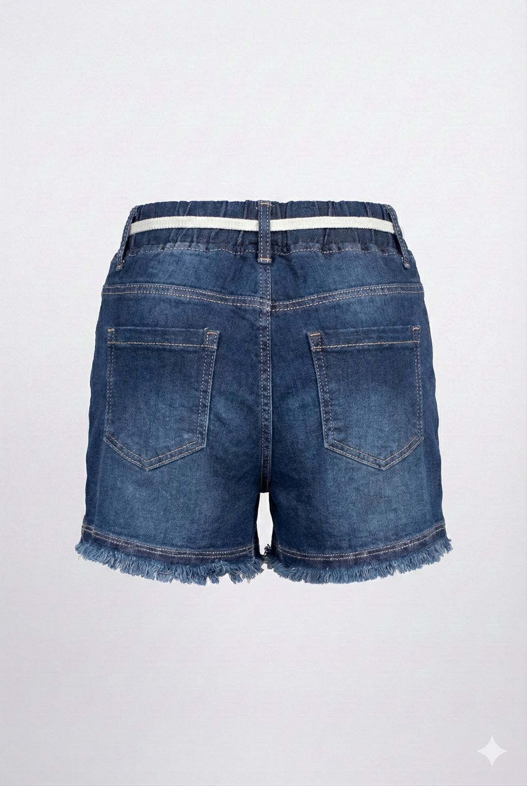 Dark Blue Soft Denim Elastic Waist Shorts with Drawstring – Frayed Hem Casual Shorts
