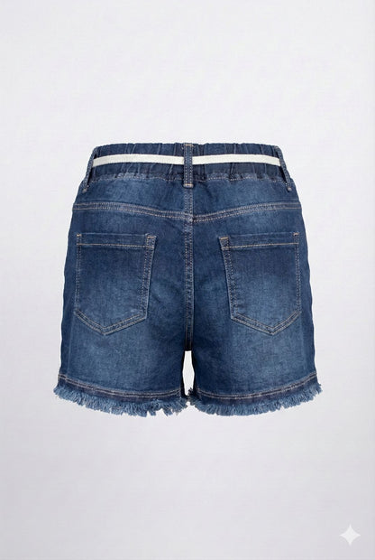 Dark Blue Soft Denim Elastic Waist Shorts with Drawstring – Frayed Hem Casual Shorts