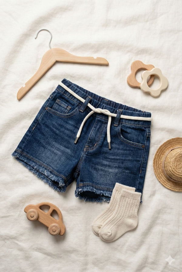 Dark Blue Soft Denim Elastic Waist Shorts with Drawstring – Frayed Hem Casual Shorts