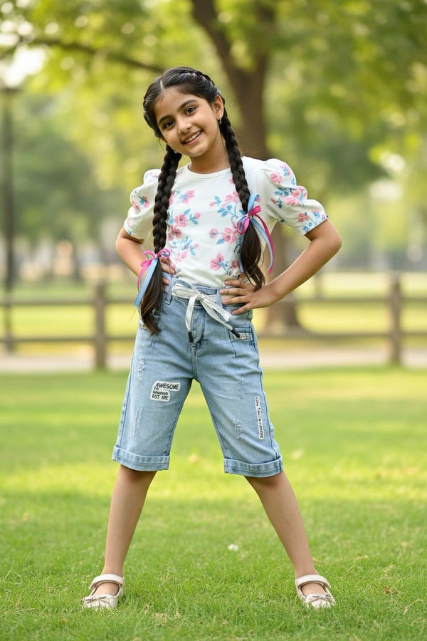 Light Blue Soft Denim Capri Pants with Tie Belt – Relaxed Comfort Fit for Girls