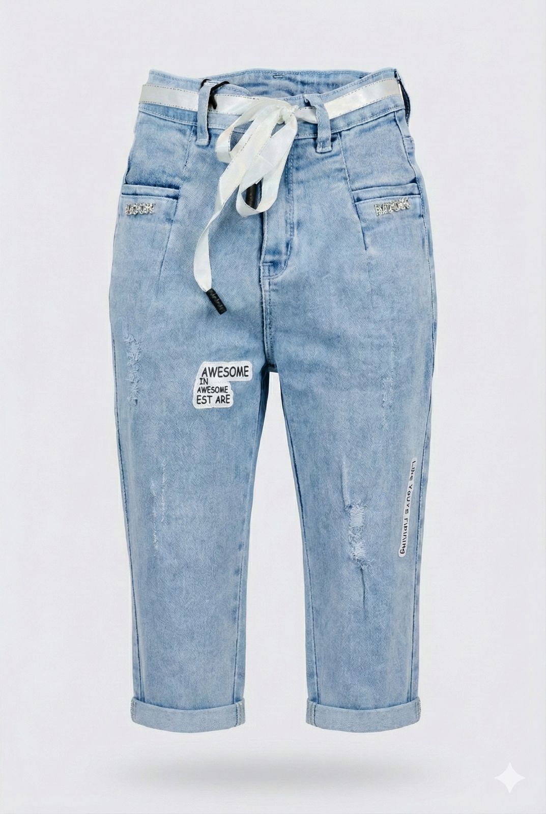 Light Blue Soft Denim Capri Pants with Tie Belt – Relaxed Comfort Fit for Girls