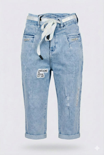 Light Blue Soft Denim Capri Pants with Tie Belt – Relaxed Comfort Fit for Girls