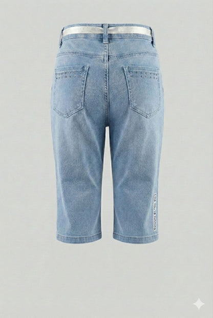 Light Blue Soft Denim Capri Pants with Tie Belt – Relaxed Comfort Fit for Girls