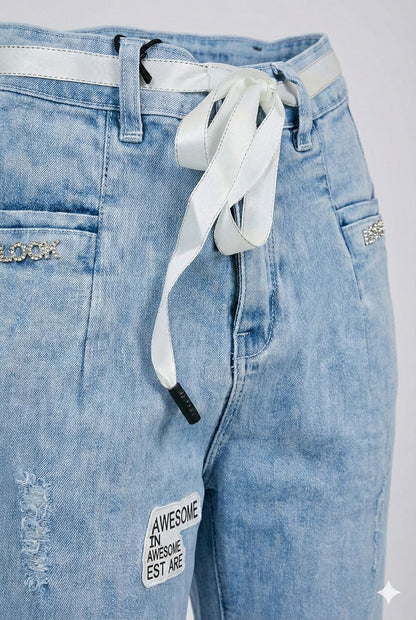 Light Blue Soft Denim Capri Pants with Tie Belt – Relaxed Comfort Fit for Girls