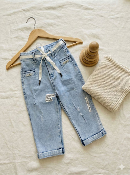 Light Blue Soft Denim Capri Pants with Tie Belt – Relaxed Comfort Fit for Girls